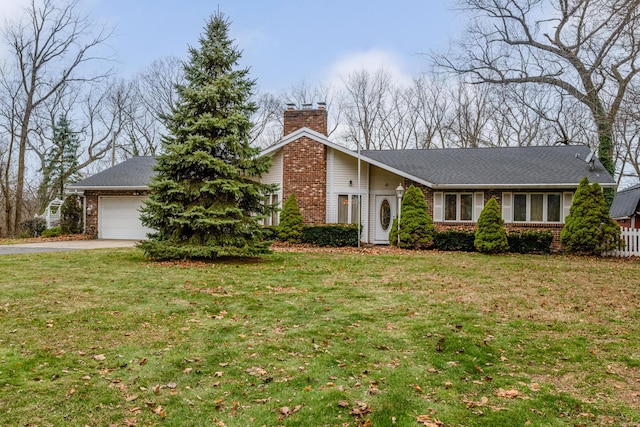 single story home featuring a front lawn and a garage