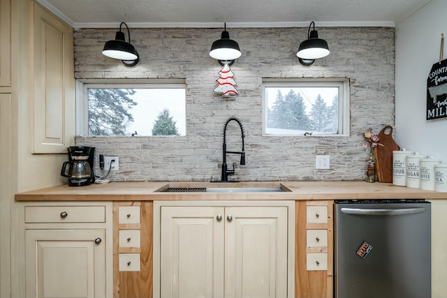 kitchen featuring butcher block countertops, a wealth of natural light, and dishwasher