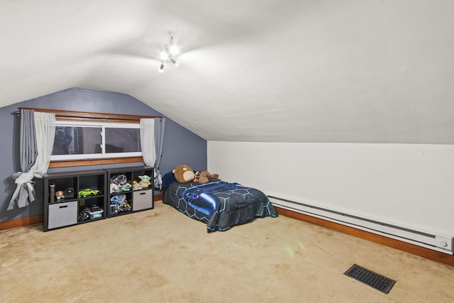 bedroom featuring carpet, vaulted ceiling, and a baseboard radiator