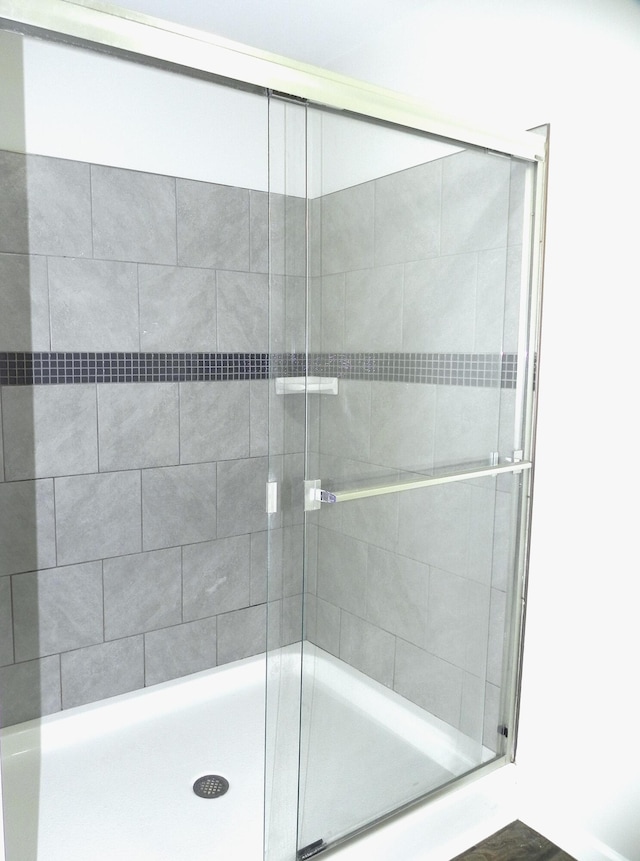 bathroom with a shower with shower door