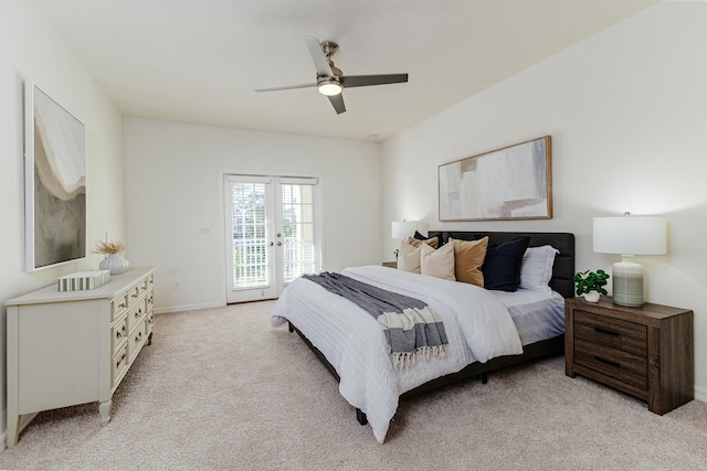 carpeted bedroom with access to outside and ceiling fan