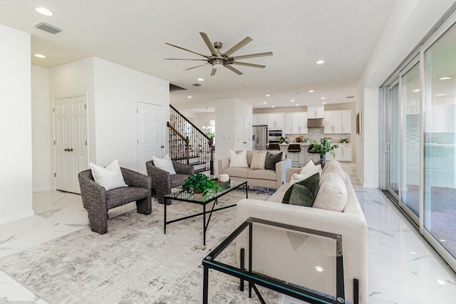 living room featuring ceiling fan