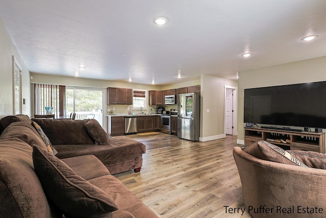 living room with light hardwood / wood-style floors and sink