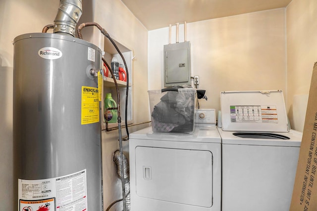 laundry room featuring independent washer and dryer, electric panel, and water heater