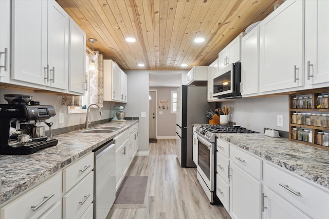 kitchen featuring wood ceiling, stainless steel appliances, sink, white cabinets, and light hardwood / wood-style floors