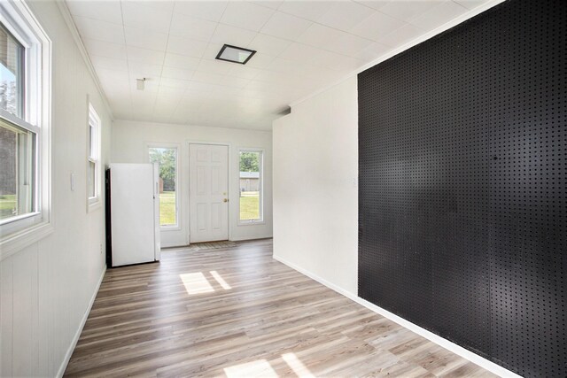 foyer featuring plenty of natural light, light hardwood / wood-style floors, and ornamental molding