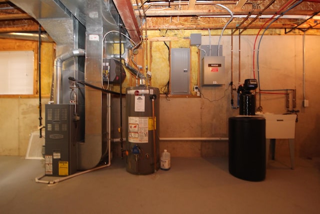 utilities featuring heating unit, electric panel, and water heater