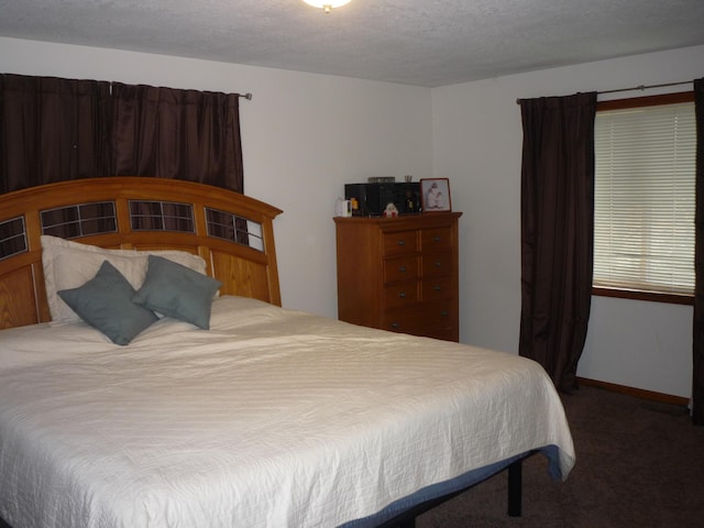 bedroom with carpet floors and a textured ceiling