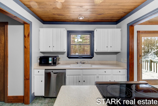 kitchen with white cabinetry, dishwasher, wood ceiling, and sink