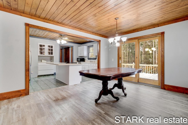 unfurnished dining area featuring ceiling fan with notable chandelier, light hardwood / wood-style floors, and wood ceiling