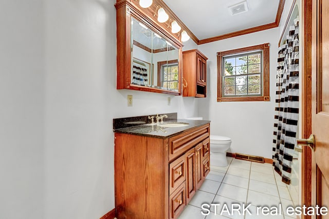 bathroom with vanity, crown molding, tile patterned flooring, a shower with shower curtain, and toilet