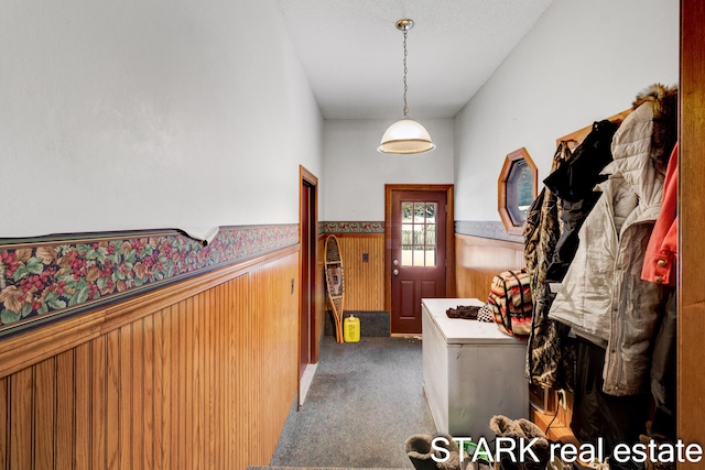 interior space featuring wood walls and dark colored carpet