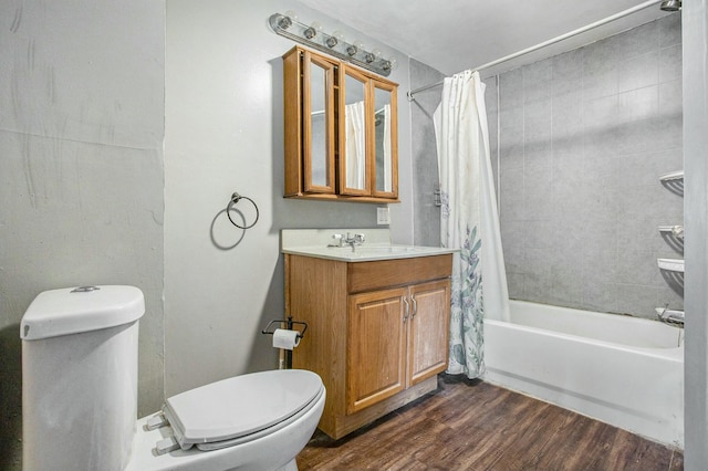 full bathroom with toilet, vanity, hardwood / wood-style flooring, and shower / tub combo with curtain