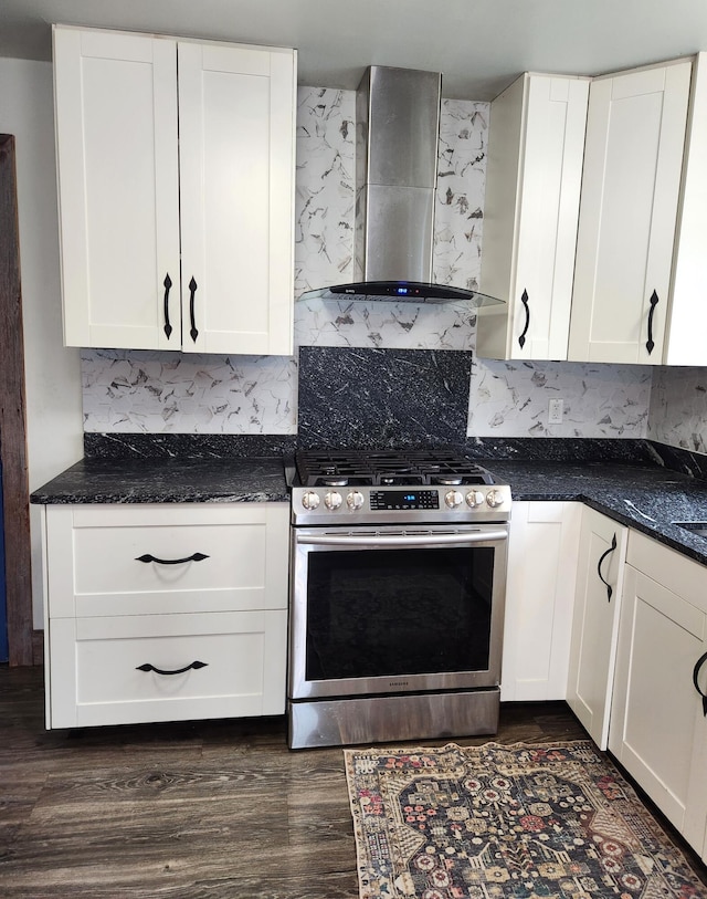 9318 School St, Lake, MI 48632 - kitchen featuring gas range, wall chimney exhaust hood, dark countertops, and dark wood-type flooring