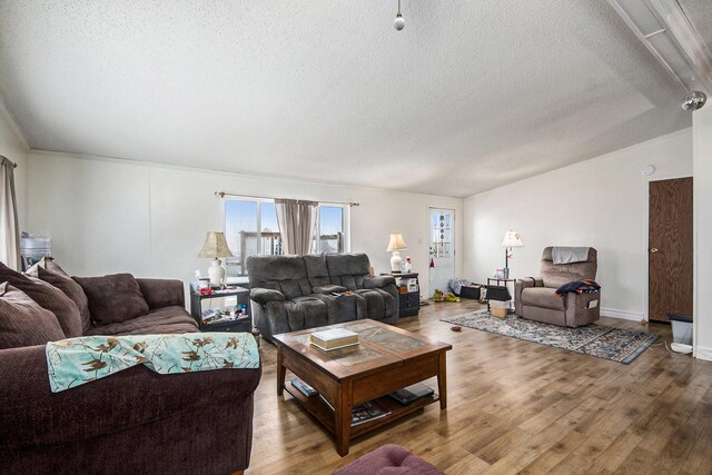 living room with hardwood / wood-style flooring and a textured ceiling