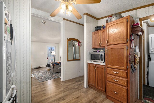 kitchen featuring crown molding, ceiling fan, a textured ceiling, and light wood-type flooring