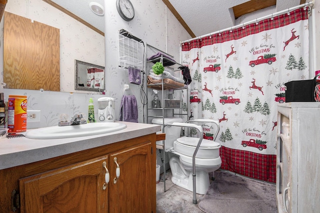 bathroom with vanity, toilet, a textured ceiling, and vaulted ceiling