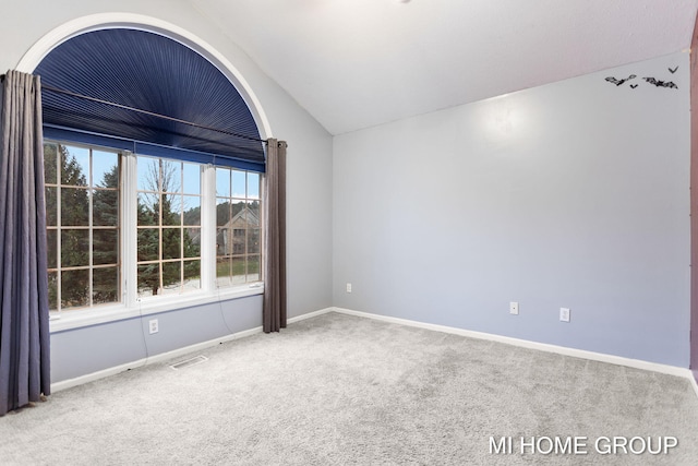 spare room featuring carpet and vaulted ceiling