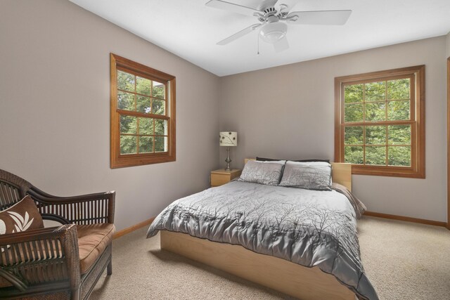 bedroom featuring carpet, ceiling fan, and multiple windows