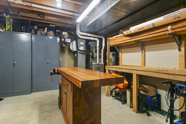 basement with a workshop area