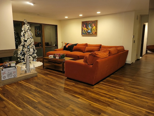 living room with dark hardwood / wood-style floors