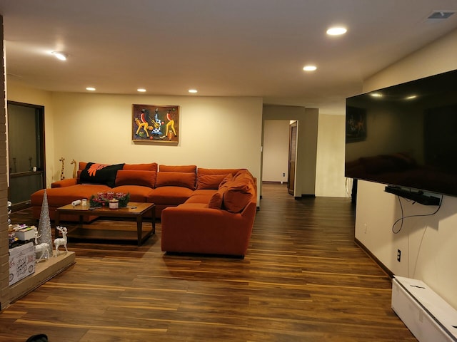 living room featuring a baseboard radiator and dark wood-type flooring