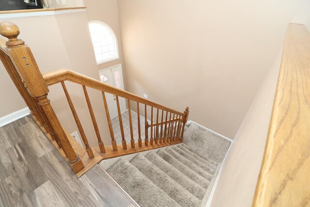 stairway with hardwood / wood-style floors