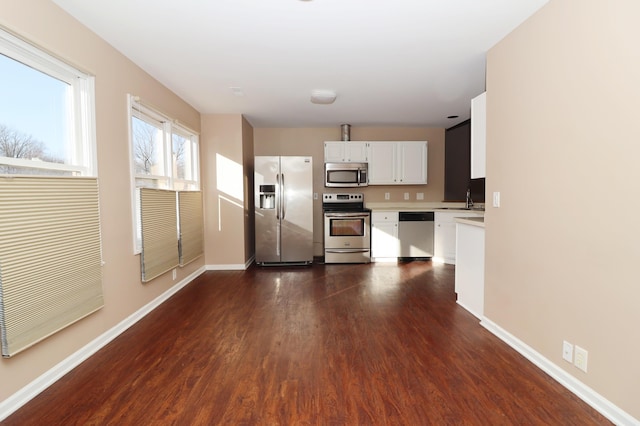 kitchen with stainless steel appliances, white cabinetry, dark hardwood / wood-style floors, and sink