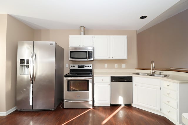 kitchen with white cabinetry, sink, dark hardwood / wood-style floors, and appliances with stainless steel finishes