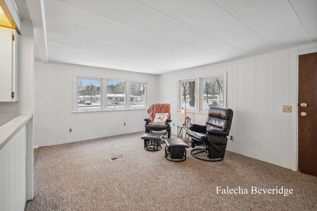 living area featuring carpet floors and wood walls