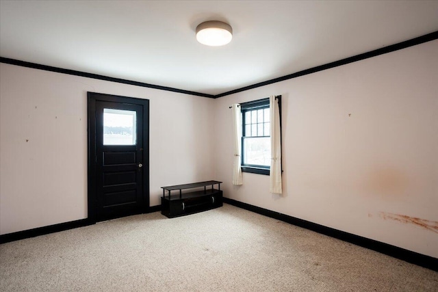 entryway featuring light colored carpet, a healthy amount of sunlight, and ornamental molding