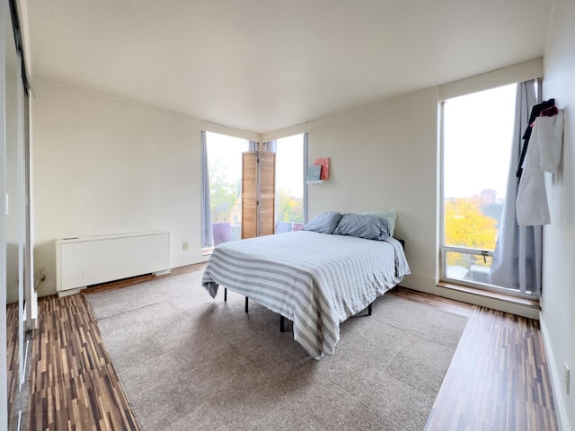 bedroom featuring light wood-type flooring, radiator heating unit, and multiple windows