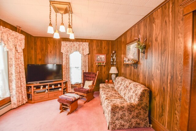 carpeted living room with wooden walls