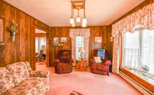 carpeted living room featuring a healthy amount of sunlight, wooden walls, and a baseboard radiator