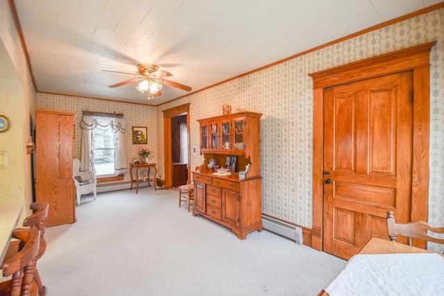 bedroom with a baseboard radiator, crown molding, ceiling fan, and light colored carpet