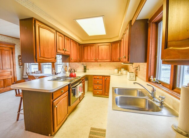 kitchen featuring a breakfast bar, sink, a wealth of natural light, and stainless steel range