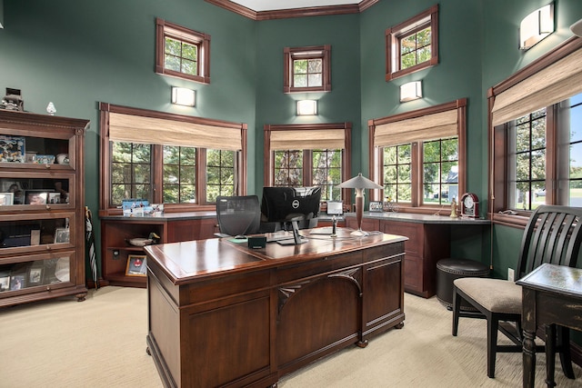 office area featuring light carpet, crown molding, and a high ceiling