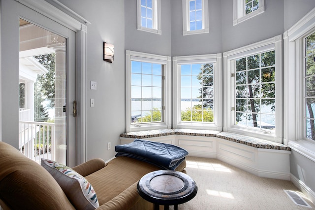 sitting room with a towering ceiling