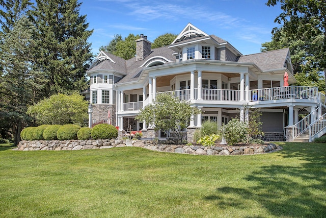 rear view of property featuring a lawn