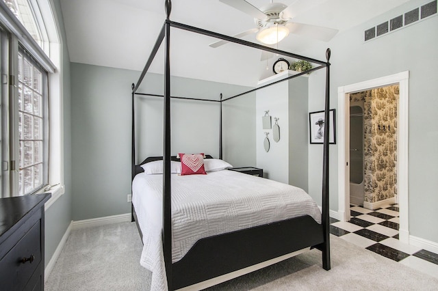 bedroom featuring vaulted ceiling and ceiling fan