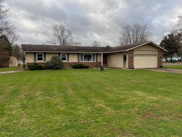 ranch-style house with a front yard, a shed, and a garage