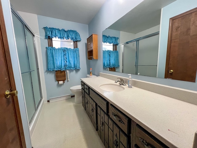 bathroom featuring vanity, a baseboard radiator, toilet, and walk in shower