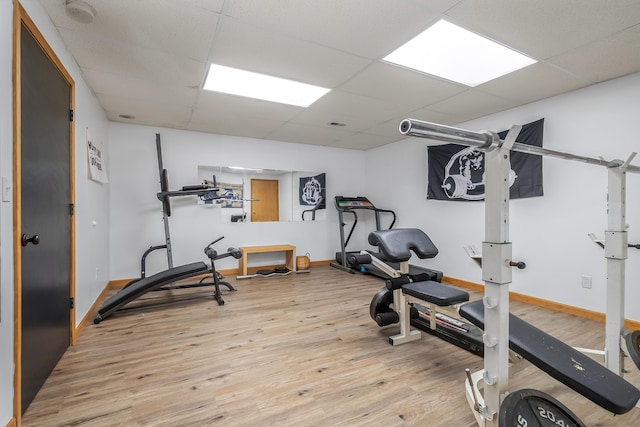 exercise room featuring light hardwood / wood-style flooring and a drop ceiling