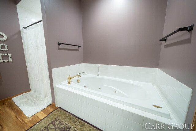 bathroom with separate shower and tub and hardwood / wood-style flooring