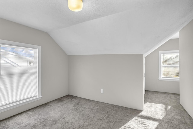 additional living space featuring light colored carpet, a textured ceiling, and vaulted ceiling