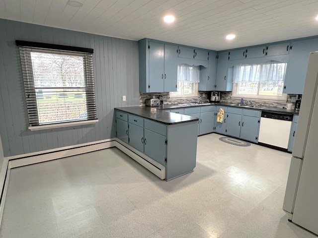 kitchen with blue cabinets, sink, and white appliances