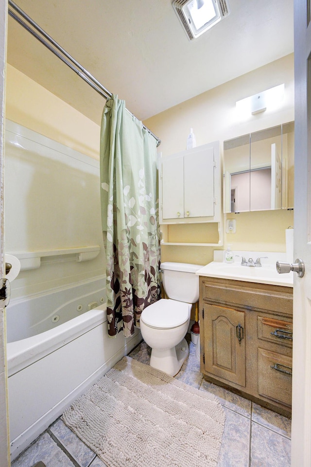 full bathroom with vanity, toilet, and shower / bathtub combination with curtain