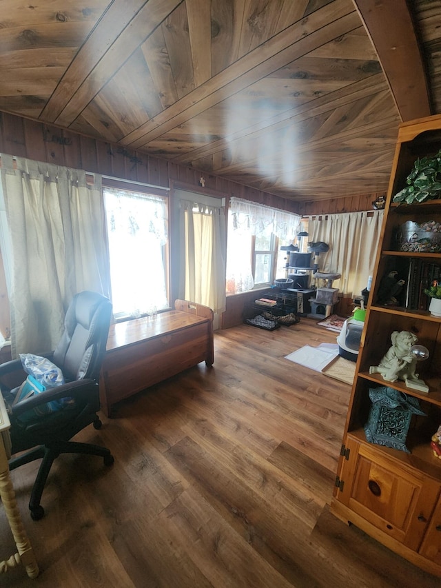 interior space with lofted ceiling, hardwood / wood-style flooring, and wooden ceiling