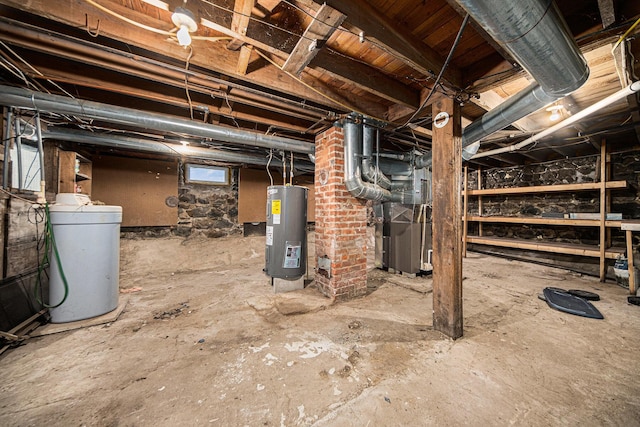 basement with heating unit and electric water heater