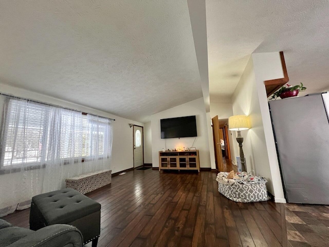 living room with vaulted ceiling, dark hardwood / wood-style flooring, and a textured ceiling